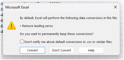 Excel spreadsheet warning