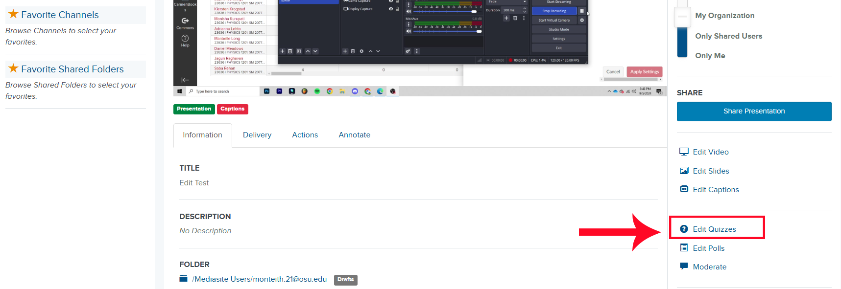 Mediasite edit quizzes button