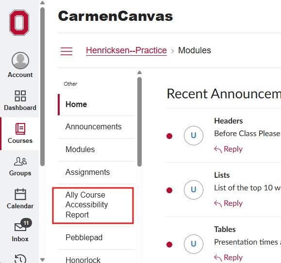 The Ally course accessibility report button in the course navigation panel