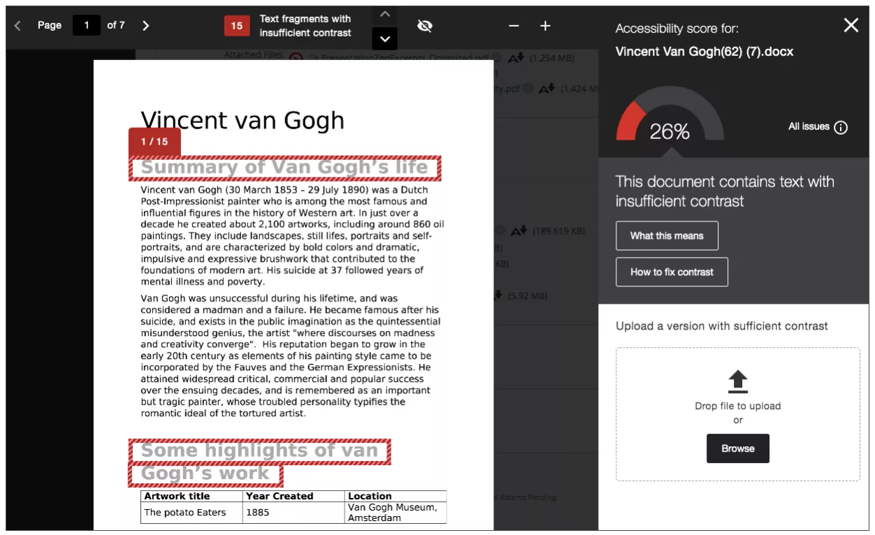 The Ally instructor feedback panel, opened to a specific section of a text needing improvement