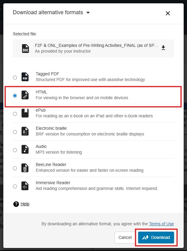 Step three, when remediating documents, selecting the HMTL option from the list of file types.