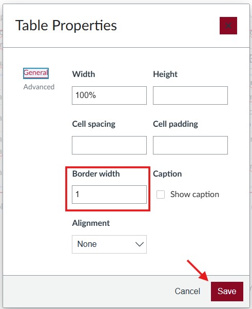Step 9, adjusting the border width in Table properties menu