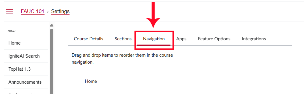 Navigation Tab in settings page, highlighted