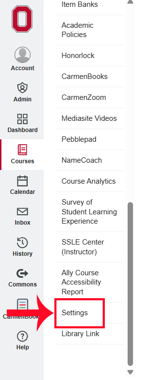 Course settings button highlighted