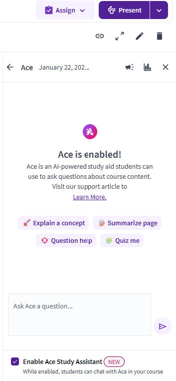 Confirmation screen that shows Ace is enabled on Top Hat