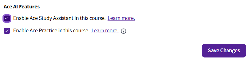 The options to use Ace in Top Hat are checked, with the Save Changes button below