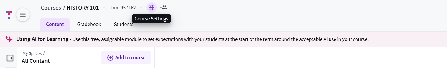 Course settings button in Top Hat, at the top of the screen