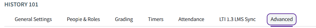 Top Hat course settings page, with the Advanced settings button highlighted