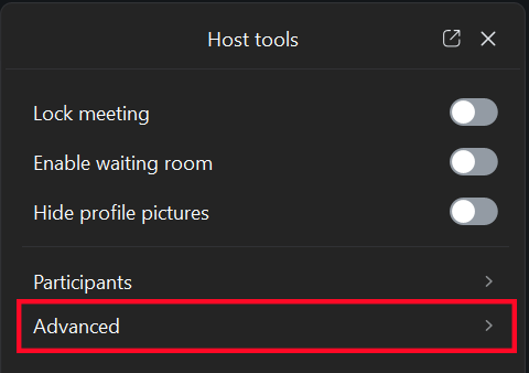 Zoom host tools, advanced options highlighted