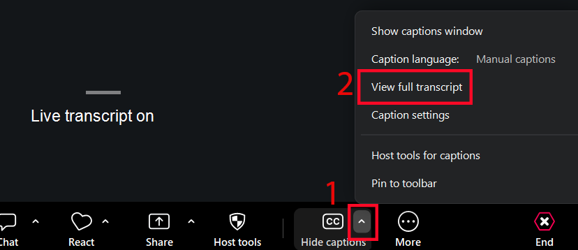 Click the arrow button, then click view full transcript to see Zoom transcripts