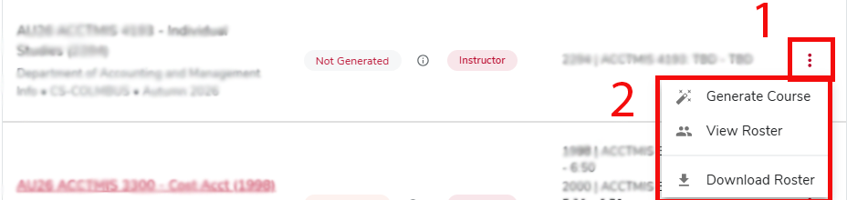 The action button, with drop-down menu shown. Before a course has been generated, showing the "generate course" button