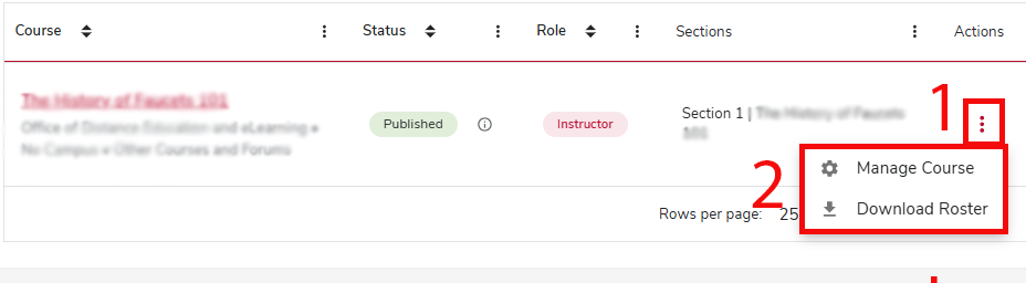 The Action button drop-down menu, after a course has been generated. Now showing "Manage Course" button.