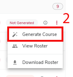 Generate course button from action menu drop-down menu