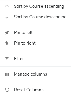 Course list sorting options, drop-down menu