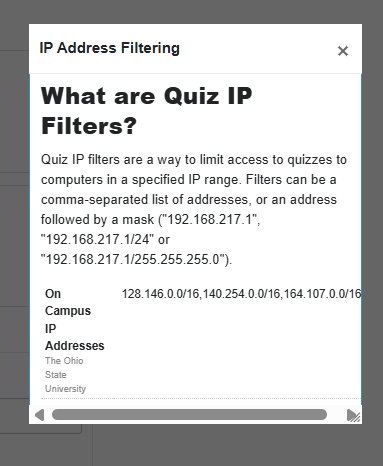 What are Quiz IP Filters window, explaining what IP filtering does and what default IP addresses are available