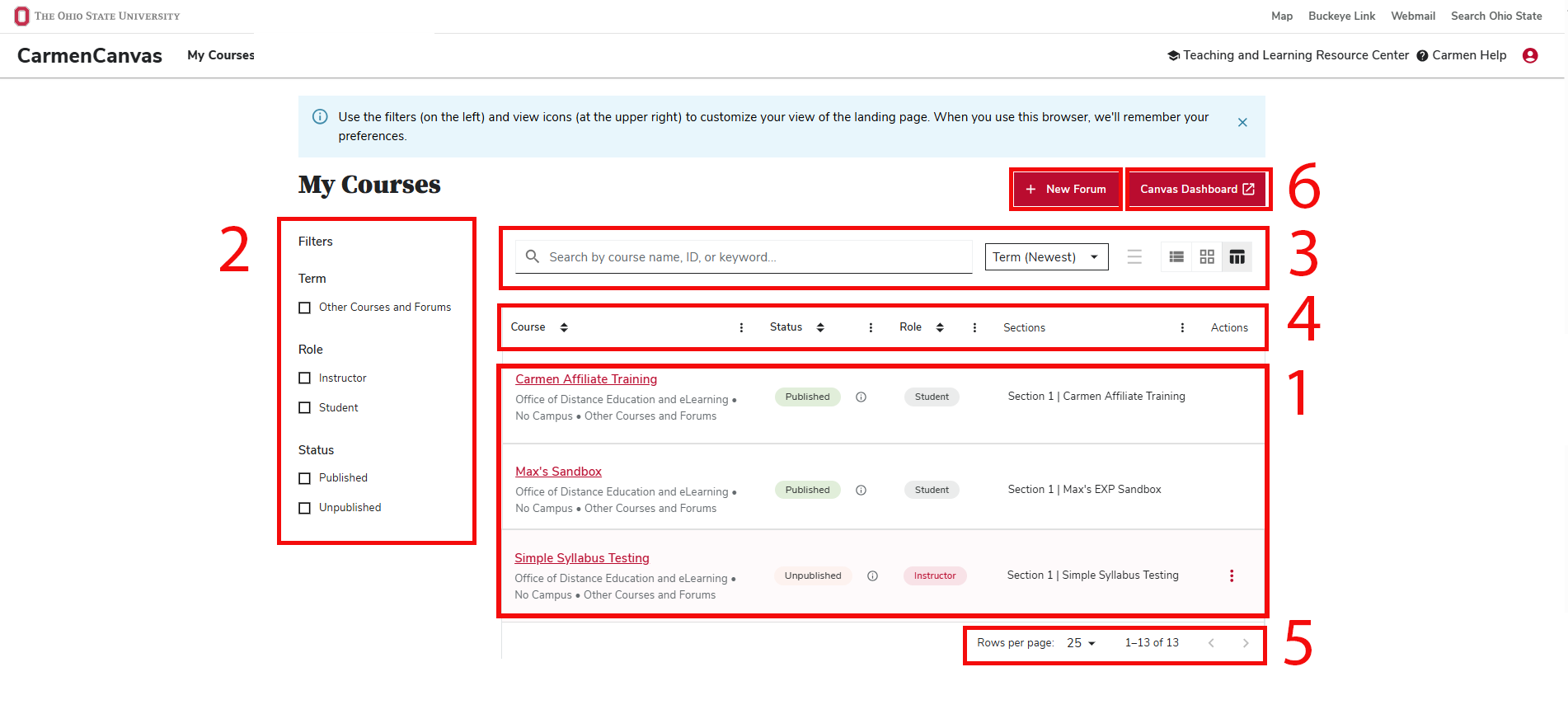 Landing Page with course list and numbered guide to each option