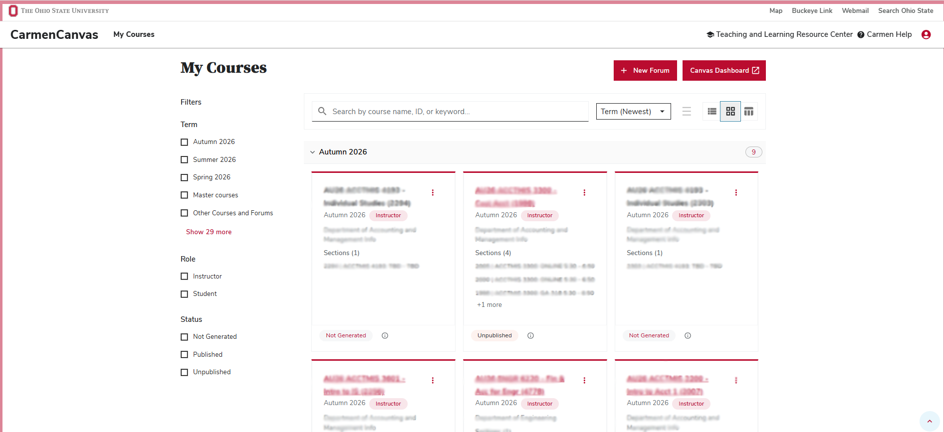 The landing page, arranged by card view 
