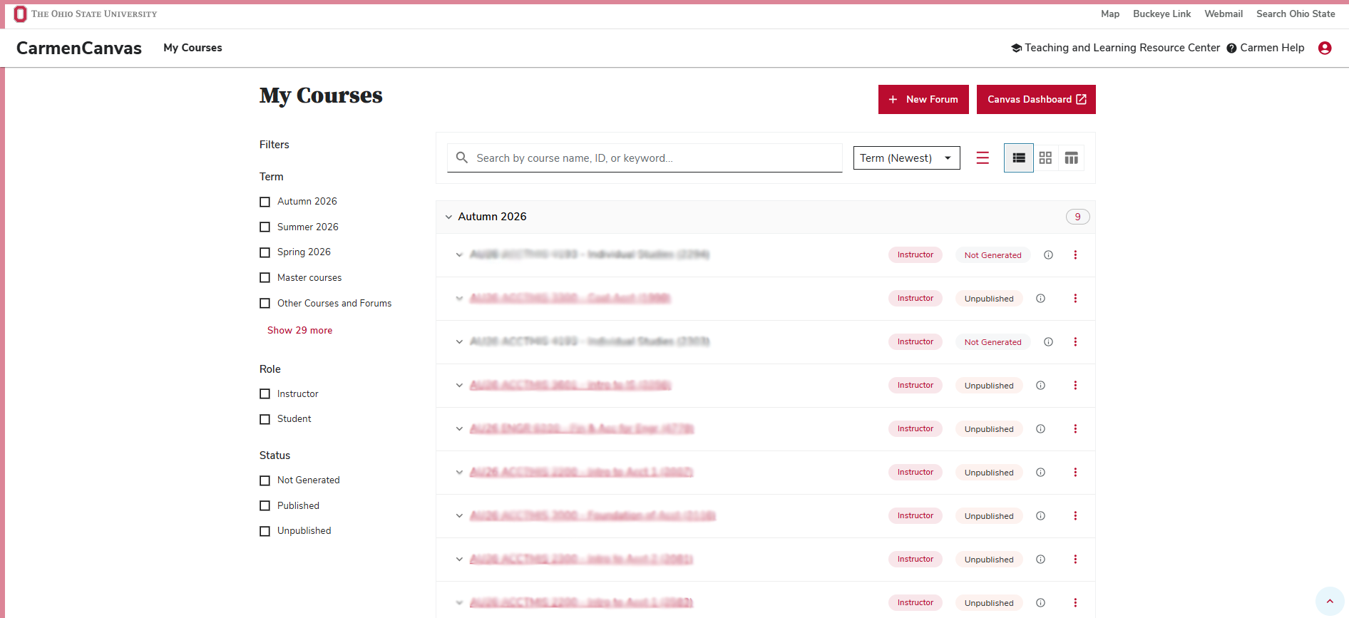 The landing page, arranged as a list