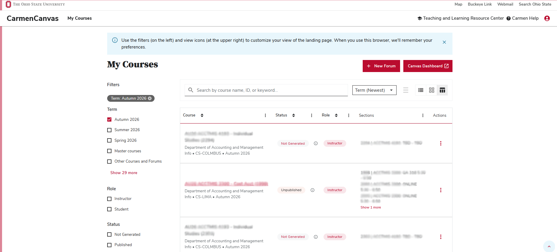 The landing page, arranged by table view