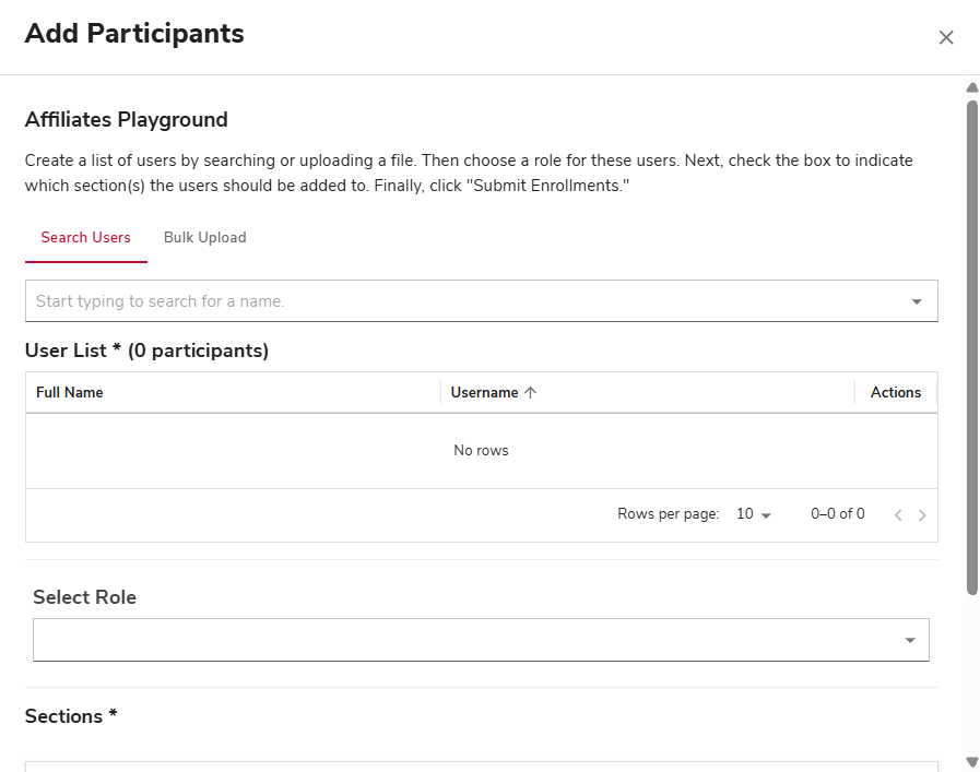 Add Participants menu, showing the course name, and the entries for the users who will be added, as well as their roles, and sections