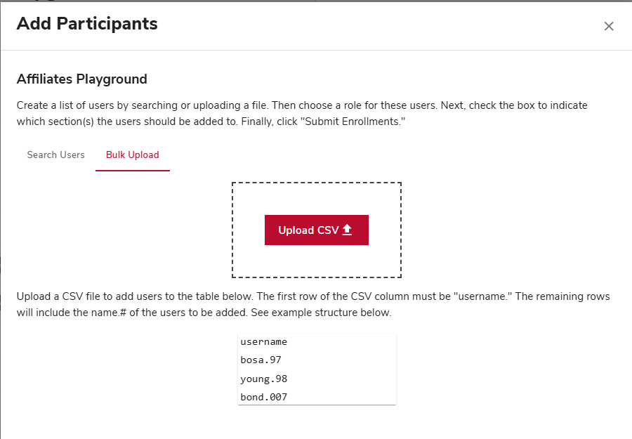 The bulk option to add participants using a CSV file with the upload button highlighted