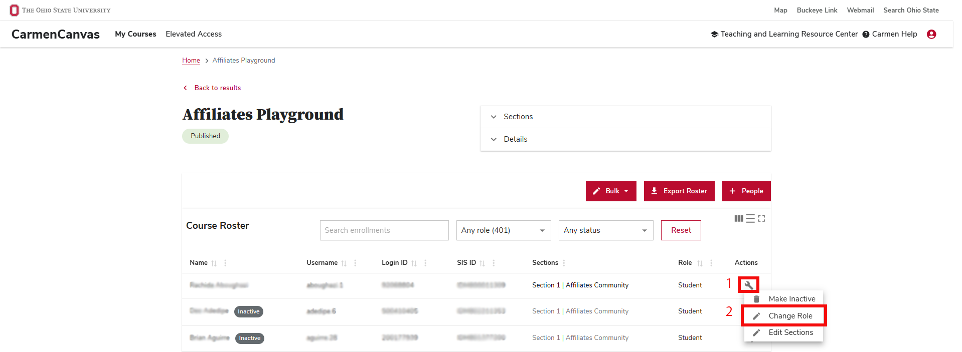 Course Roster with action button highlighted, and drop-down menu showing "Edit Role" option