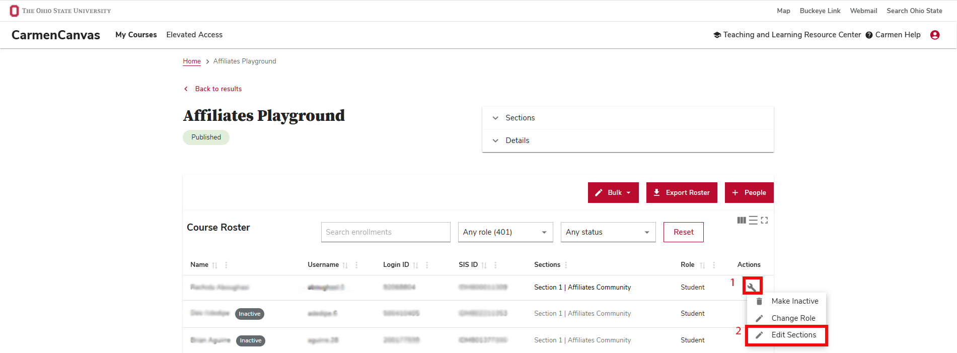 Course Roster with action button highlighted, showing drop-down menu with "Edit Section" option selected