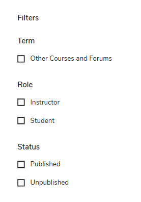 The course list filter as seen on the Landing Page, showing the options to determine what courses show up