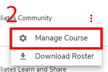 The manage course button highlighted, from the action button drop-down menu