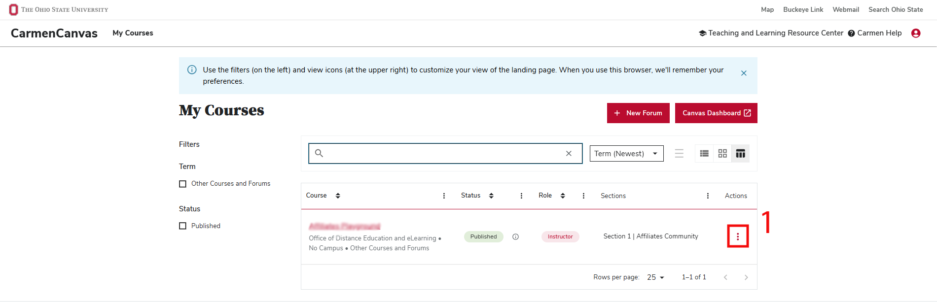 The Landing Page course list, with the action button (three dot button) highlighted