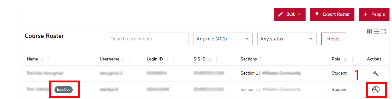 Wrench icon in action column highlighted, with inactive student selected