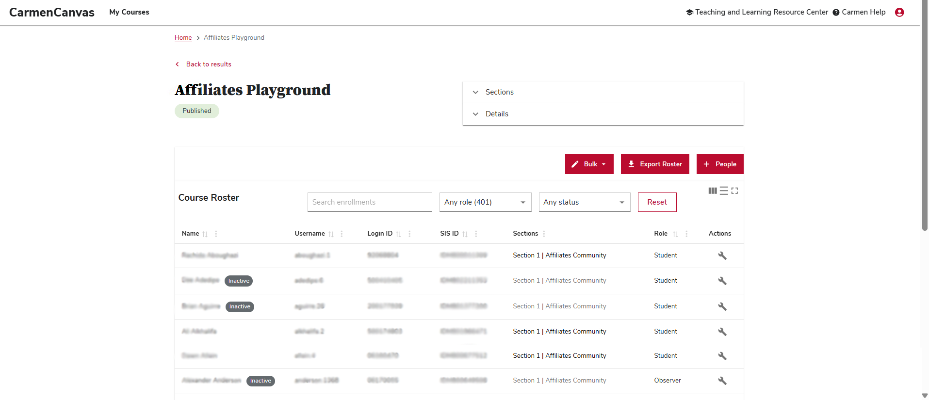 Image showing the course roster after clicking "Manage Course" button in previous step