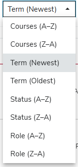 The drop-down menu for the sorting list. Showing all options discussed in the list above.