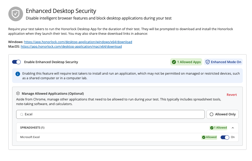 Enhanced Desktop security option in Honorlock, enabled