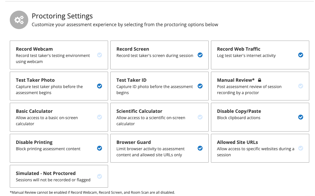 Honorlock Proctoring Settings Tab