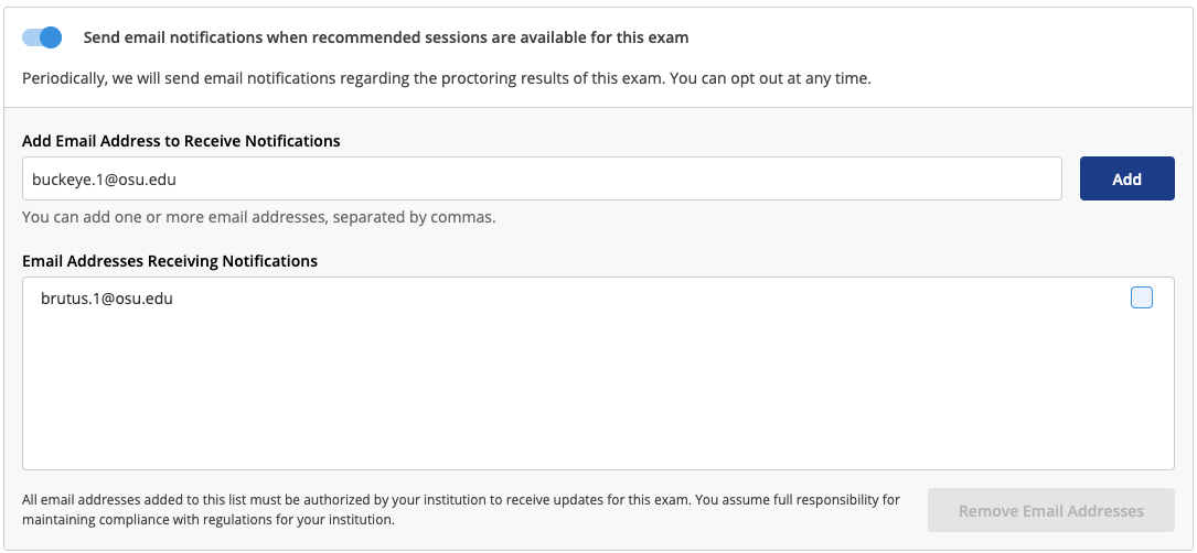E-mail notifications toggle on or off. Option to add e-mail addresses to receive these notifications