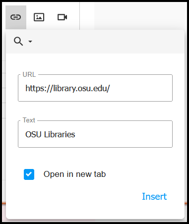 Inserted link typed out in URL bar, with text entry box beneath. Options shown to open link in new tab or not.