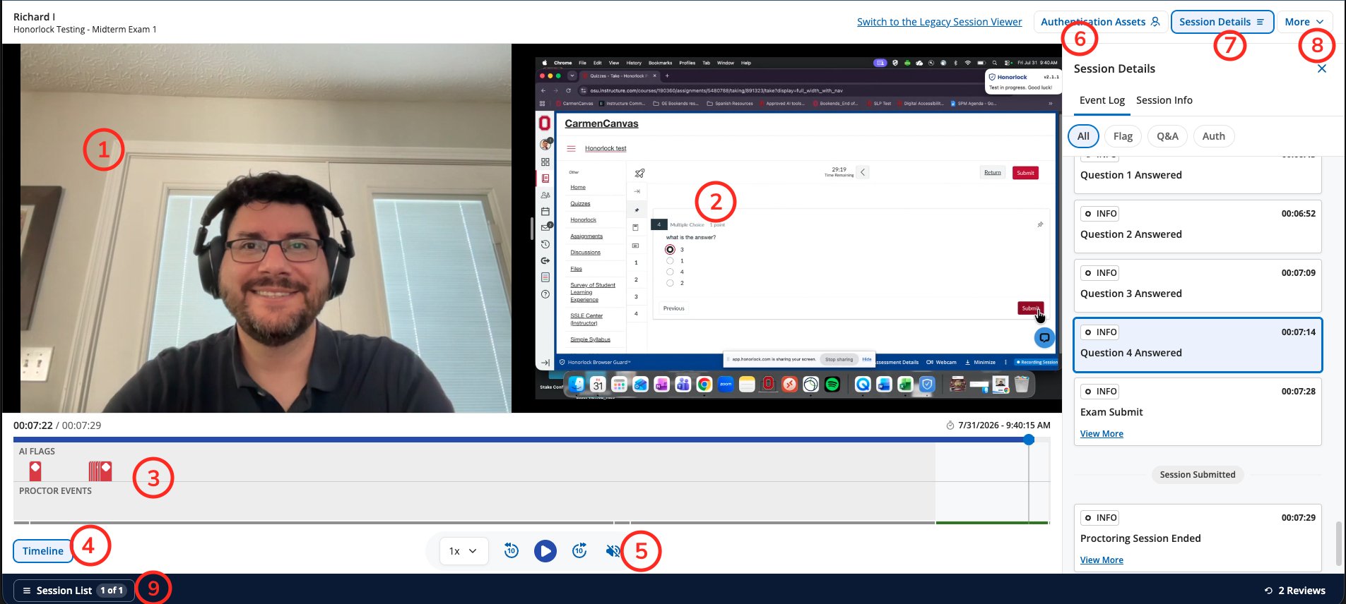 Session Viewer overview in Honorlock
