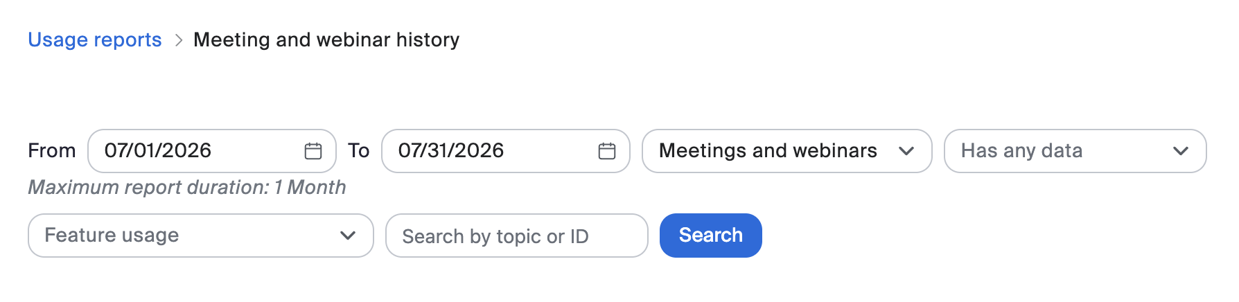 Search options for finding a particular meeting in CarmenZoom