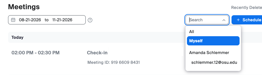 Meetings view, showing scheduler's names
