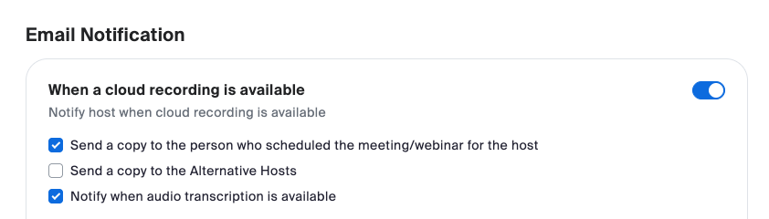 E-mail notifications toggle on or off. Option to add e-mail addresses to receive these notifications