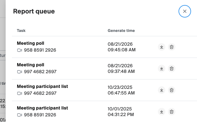 Report queue showing list of polls and participant lists