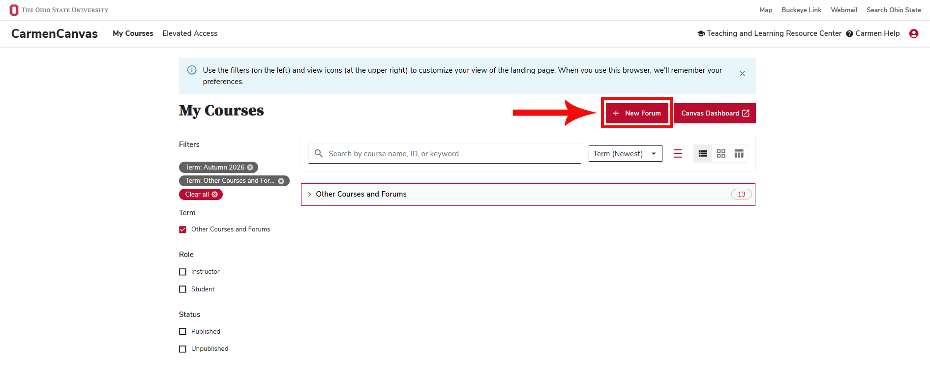 New Forum button on Carmen Landing Page