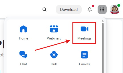 Cropped image of the Zoom Home page, focused on the open waffle menu with marks pointing to the Meetings button
