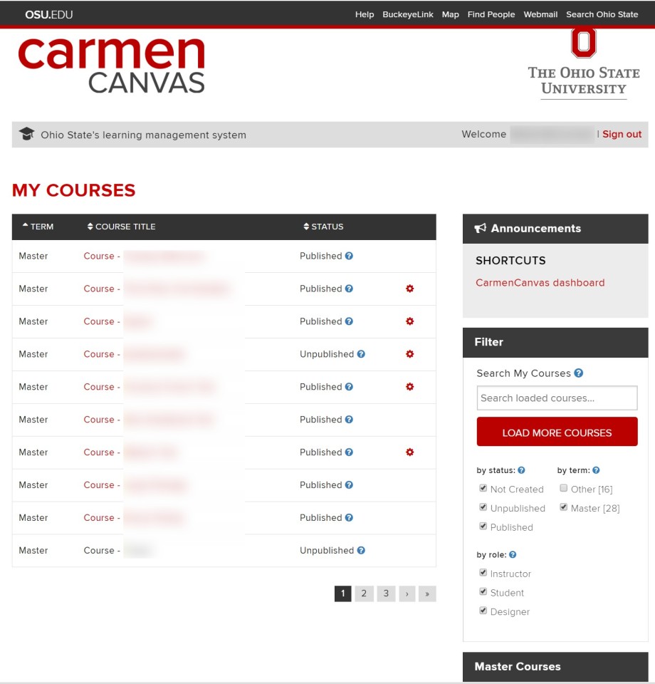 Carmen landing page at carmen.osu.edu