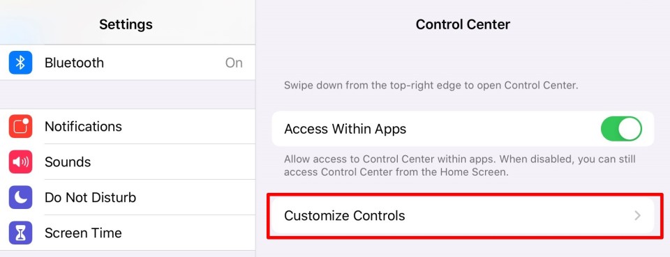 Customize Controls option located in the Control Center