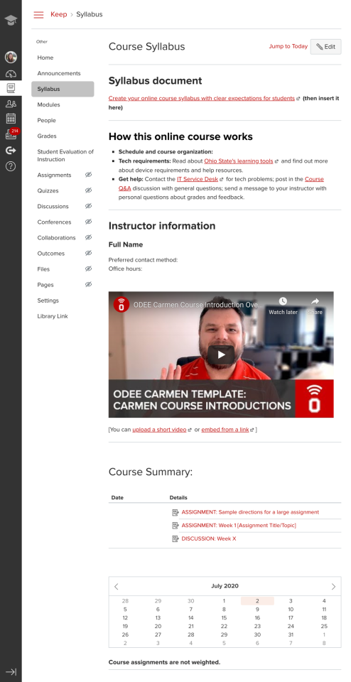 Keep Teaching Carmen Course Template syllabus page