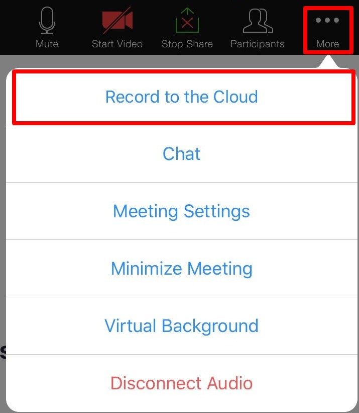 Record to the Cloud option under More settings on iPad Zoom app
