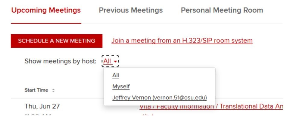 Show meetings by host filter under Upcoming Meetings tab in Zoom