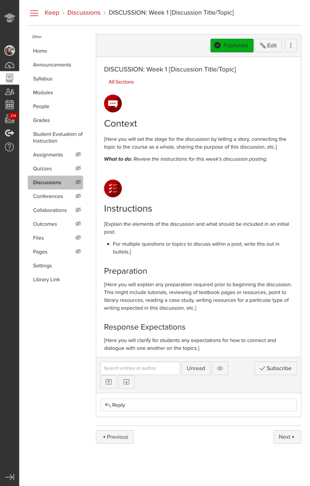 Keep Teaching Carmen Course Template discussion example page